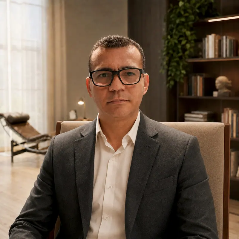 Lúcio Camelo, de óculos, blazer cinza e camisa branca, sentado no consultório claro, com estante e janela ao fundo